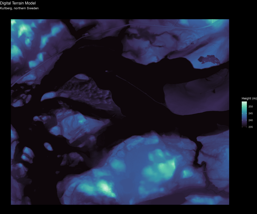 A false colour image showing the elevation change over an area of land with a river and some small islands in it. The change is very smooth over the land, and the water areas are a uniform colour as they're a uniform height (for once).