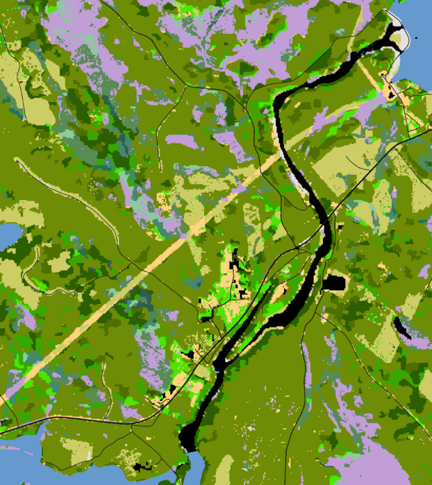 Another artificially coloured map, where two bodies of water in blue can be seen, and the river connecting them is in black.