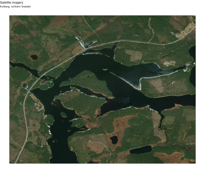 A satellite view of the same area again, but as humans see it. You can see the forested and nonforested regions map quite well to where the red dots are on the previous image.