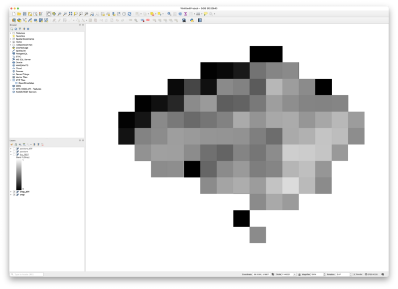 A screenshot of QGIS software showing two layers overlayed, one in light grey and one in black, and you can just make out via the gaps that one layer has the same shape as the other one only it's down one pixel and across to the right one pixel.
