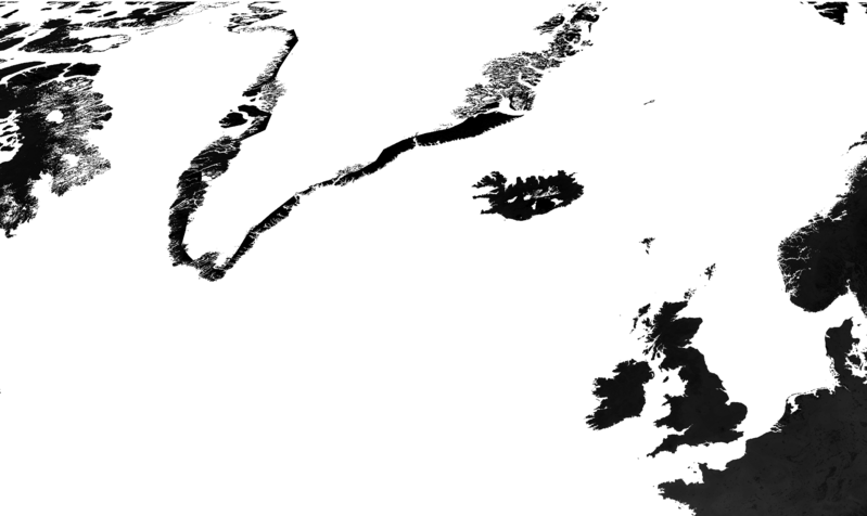 A map showing Greenland and surrounding countries, with black areas indicating species and white none. Most contries are solid black, but for Greenland youi can see just the coast line is indicated.
