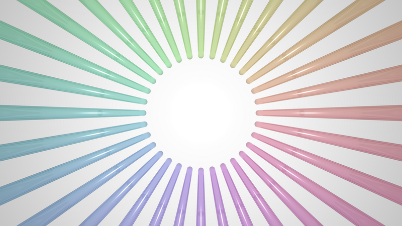 An image of a ray traced scene. A series of pale, over a pale background rainbow coloured tubes are coming in from around the edges to the centre of the window radially, but not meeting in the middle, leaving a circular void.