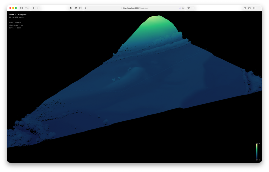 A somewhat dark screenshot of a hillside rendered from lidar data. Unlike the other ones the data is so dense that it doesn't look like a point cloud but rather a continuous surface.