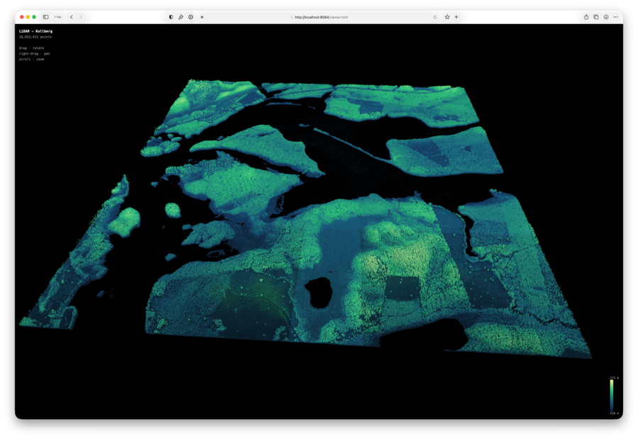 Another lidar screenshot, but rather than a small field's worth of data, this covers a square mile or so with 20 million points.