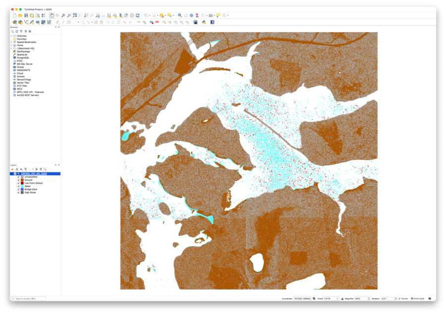 A screenshot of QGIS software showing a section of map made up of mostly brown dots (for unclassified) with a few other colour dots showing water or ground. The map area is similar to that in the point cloud images, but a 2D top down view instead.