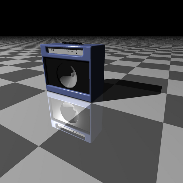An ray traced image showing a guitar amplifier sat on an infinite checkerboard pattern plane. The amp is a typical box coloured blue with a black panel in it with a grey speaker and a control panel. 