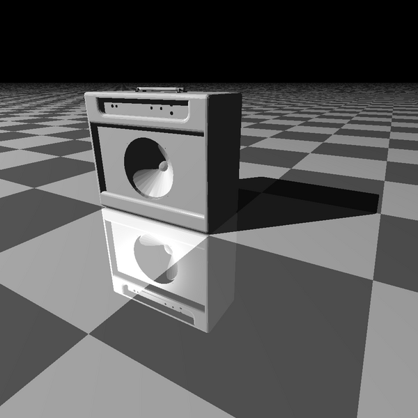 An apparently monochromatic ray traced image showing a guitar amplifier sat on an infinite checkerboard pattern plane. The amp is a typical box with a panel in it with a speaker and a control panel. It is all a uniform shade of grey.