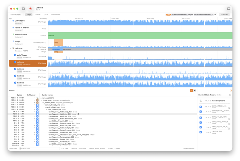 A screenshot of the Apple Instruments profiling tool. The top half of the window has a stack of time series graphs of CPU performance over time, and the lower half is showing the stack of the most expensive calls in my program, most of which have the word 'matrix' in them.