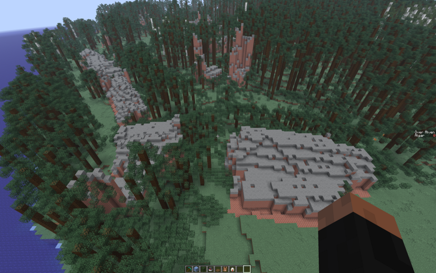 A screenshot in minecraft showing some very weird looking buildings set in a forest. The rough outlines are okay, but the noise in the lidar data means there are odd holes all over the place and sometimes the buildings shoot up to the height of the trees where the trees have overlapped.
