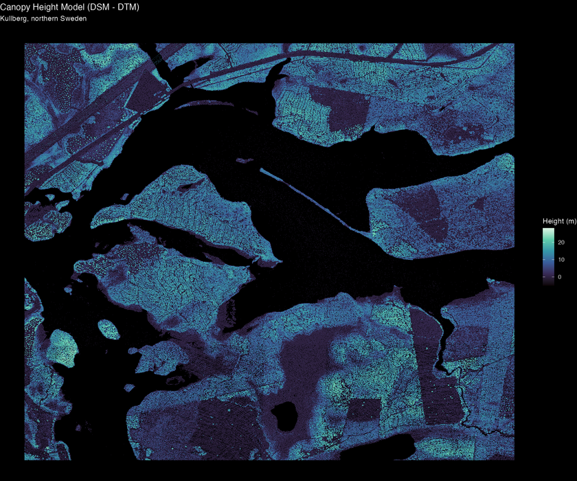 This is another false colour map of the same area, with the trees again visible, but the colour gradient is now mapping to tree heights rather than following the contours of the land.