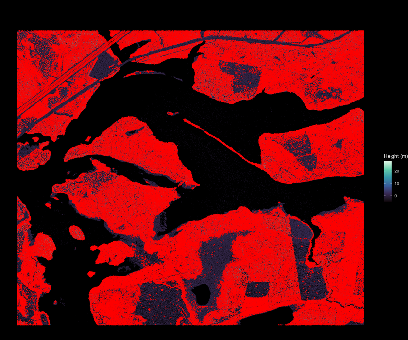 Another false colour map of the same area as the last few, but now it is covered in red dots that represent where the computer thinks individual trees are planted.